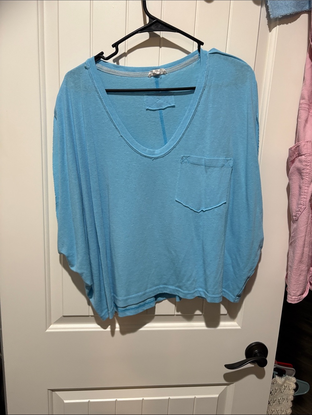 Relaxed V-Neck Tee in Light Blue — Women's Casual Pocket Top